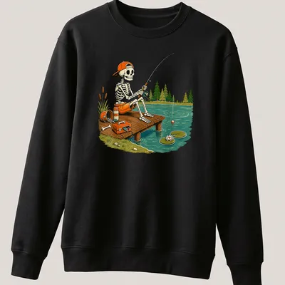 Cartoon skeleton fishing on a dock in vintage style with autumn colors — printed on a unisex sweatshirt