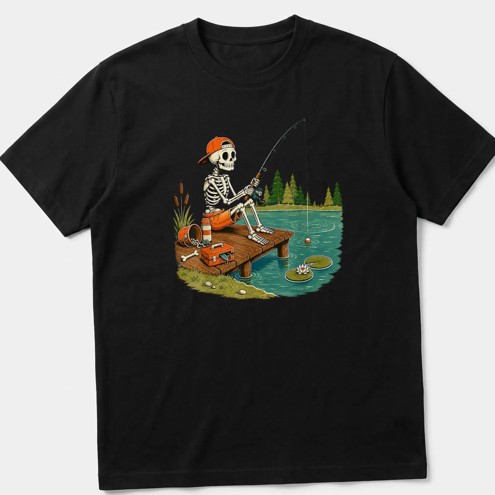 Cartoon skeleton fishing on a dock in vintage style with autumn colors — printed on a unisex t-shirt