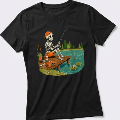 Cartoon skeleton fishing on a dock in vintage style with autumn colors — printed on a women's shirt
