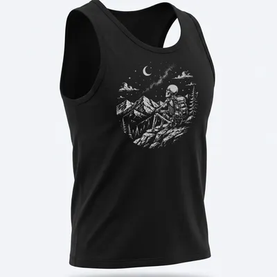 Vintage illustration of a skeleton hiker enjoying a mountain view in shades of gray and green. — printed on a tank top