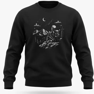 Vintage illustration of a skeleton hiker enjoying a mountain view in shades of gray and green. — printed on a unisex sweatshirt