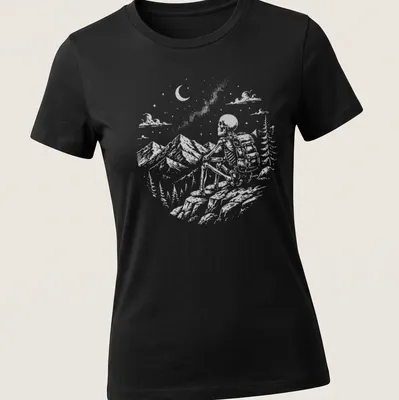 Vintage illustration of a skeleton hiker enjoying a mountain view in shades of gray and green. — printed on a women's shirt