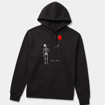 Humorous cartoon skeleton struggling with a red balloon and text saying 'Well, shit...' — printed on a unisex hoodie