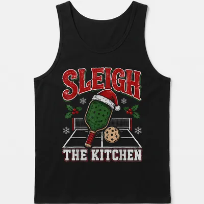 Vintage distressed Christmas shirt with 'Sleigh The Kitchen' and a pickleball paddle wearing a Santa hat — printed on a tank top