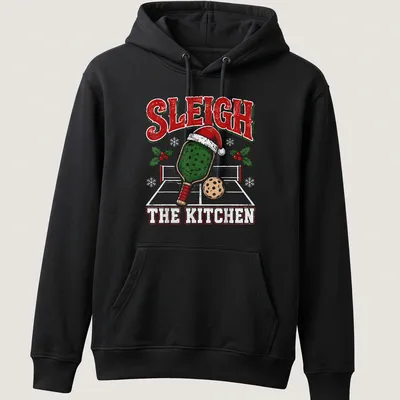 Vintage distressed Christmas shirt with 'Sleigh The Kitchen' and a pickleball paddle wearing a Santa hat — printed on a unisex hoodie