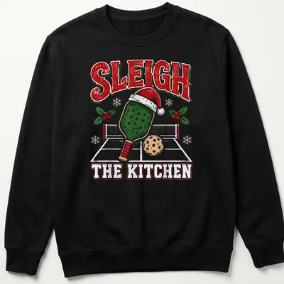 Vintage distressed Christmas shirt with 'Sleigh The Kitchen' and a pickleball paddle wearing a Santa hat — printed on a unisex sweatshirt