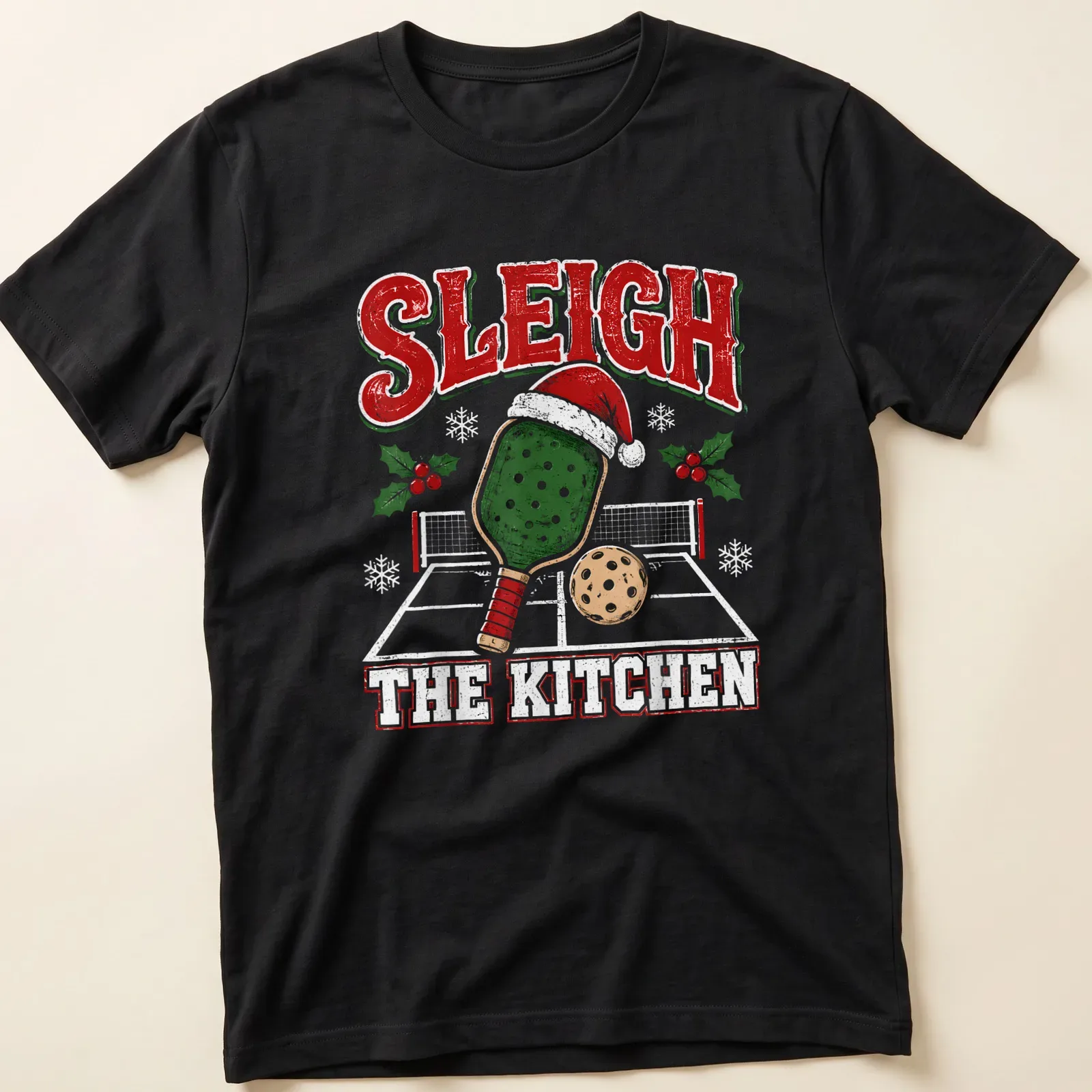 Vintage distressed Christmas shirt with 'Sleigh The Kitchen' and a pickleball paddle wearing a Santa hat — printed on a unisex t-shirt