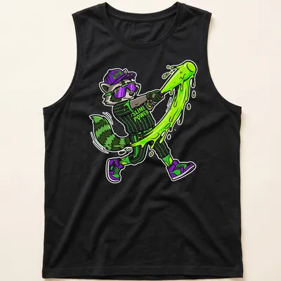 Cartoon raccoon swinging a bat with 'Slime Power' text in vibrant colors — printed on a tank top