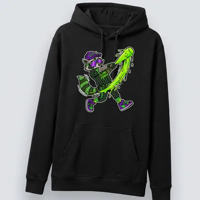 Cartoon raccoon swinging a bat with 'Slime Power' text in vibrant colors — printed on a unisex hoodie