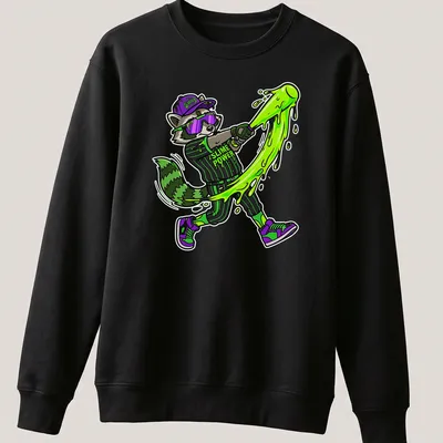 Cartoon raccoon swinging a bat with 'Slime Power' text in vibrant colors — printed on a unisex sweatshirt