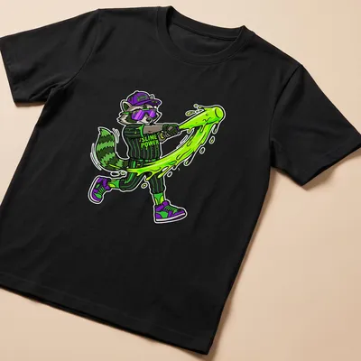 Cartoon raccoon swinging a bat with 'Slime Power' text in vibrant colors