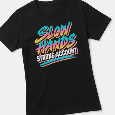 Retro text design featuring the phrase Slow Hands Strong Account in blue, pink, yellow, and white — printed on a women's shirt