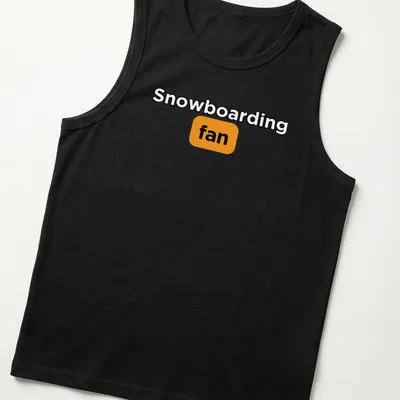 Bold typography Snowboarding Fan t-shirt in black, orange, and white — printed on a tank top