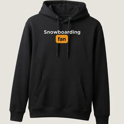 Bold typography Snowboarding Fan t-shirt in black, orange, and white — printed on a unisex hoodie