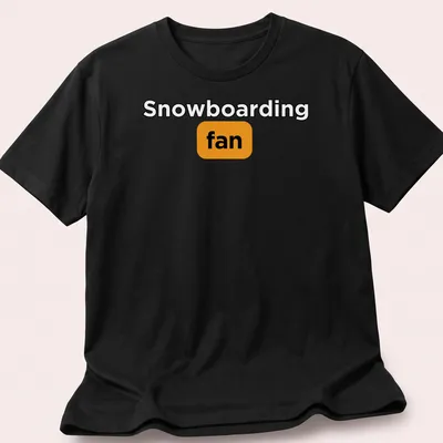 Bold typography Snowboarding Fan t-shirt in black, orange, and white