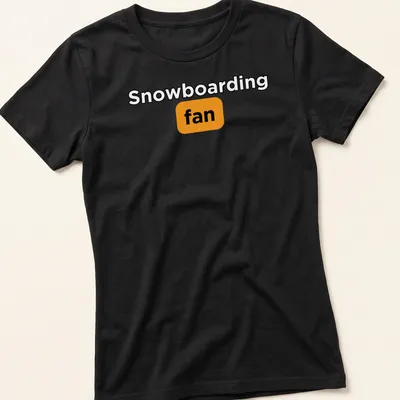 Bold typography Snowboarding Fan t-shirt in black, orange, and white — printed on a women's shirt