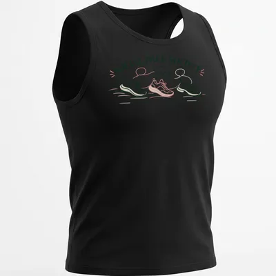 Minimalist print featuring running shoes and text about social running — printed on a tank top
