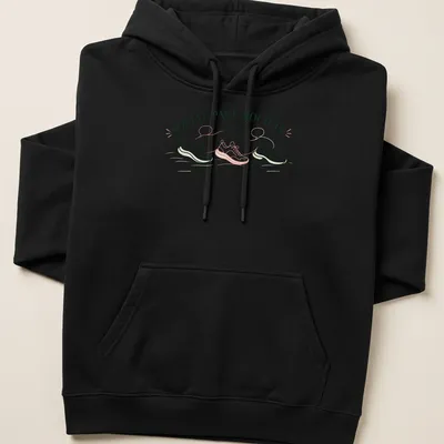 Minimalist print featuring running shoes and text about social running — printed on a unisex hoodie