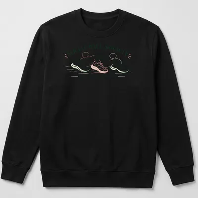 Minimalist print featuring running shoes and text about social running — printed on a unisex sweatshirt