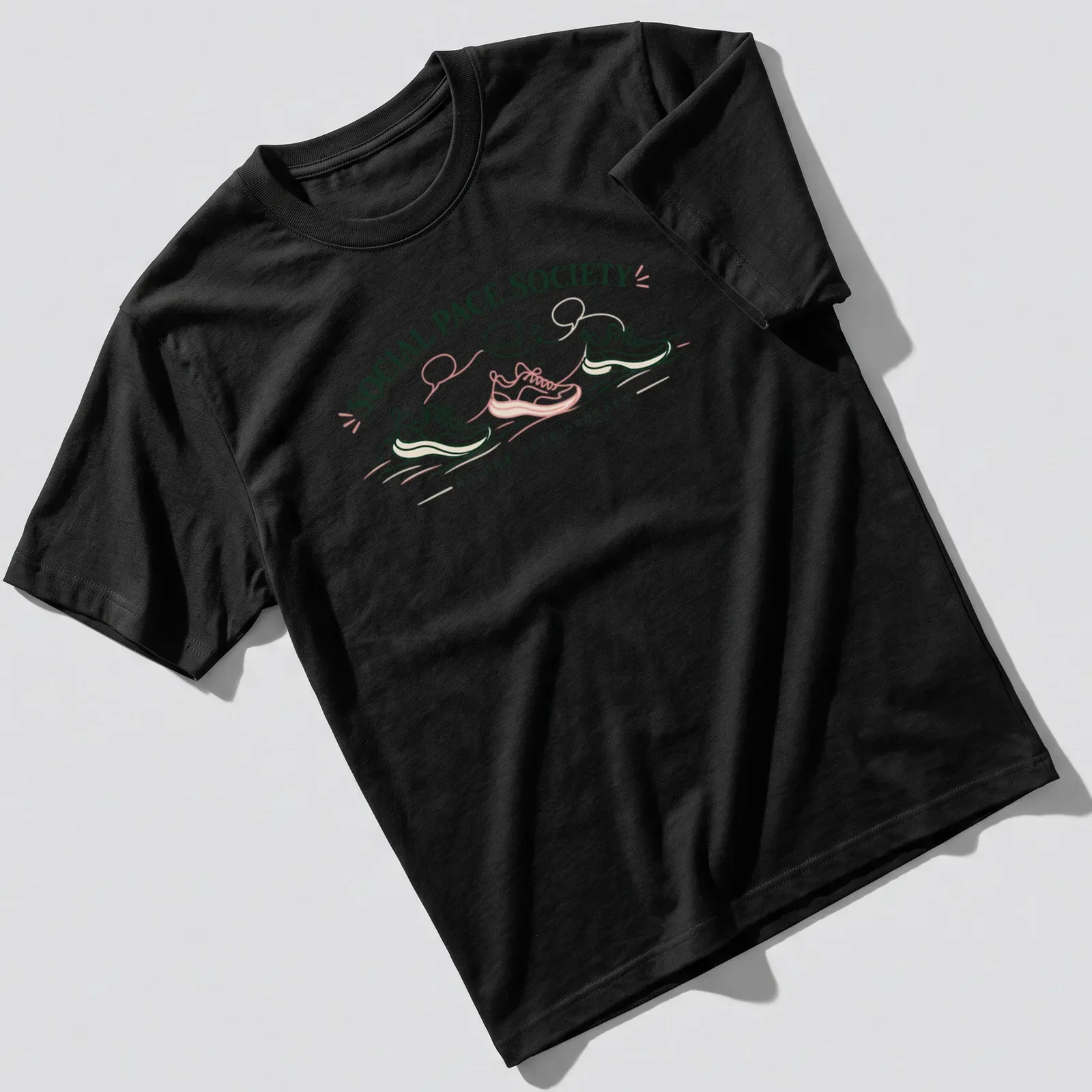 Minimalist print featuring running shoes and text about social running — printed on a unisex t-shirt