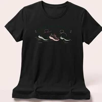Minimalist print featuring running shoes and text about social running — printed on a women's shirt