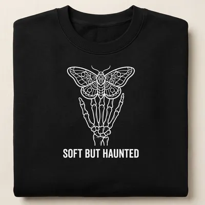 Line art of a skeleton hand holding a moth with the text 'SOFT BUT HAUNTED' in white. — printed on a unisex sweatshirt