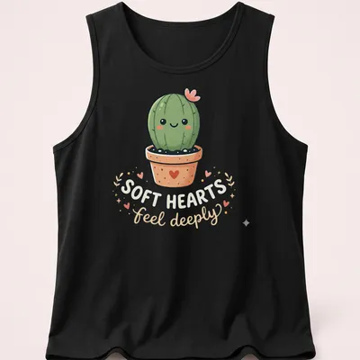 Kawaii cactus character with text 'SOFT HEARTS feel deeply' in soft colors — printed on a tank top
