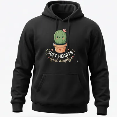 Kawaii cactus character with text 'SOFT HEARTS feel deeply' in soft colors — printed on a unisex hoodie