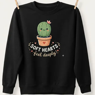 Kawaii cactus character with text 'SOFT HEARTS feel deeply' in soft colors — printed on a unisex sweatshirt