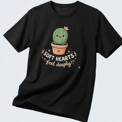 Kawaii cactus character with text 'SOFT HEARTS feel deeply' in soft colors