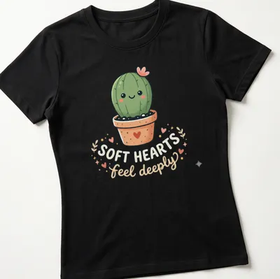 Kawaii cactus character with text 'SOFT HEARTS feel deeply' in soft colors — printed on a women's shirt