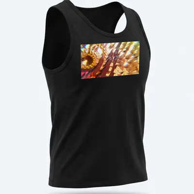 Vibrant digital art of an abstract floral design in yellow, orange, red, gold, and brown. — printed on a tank top