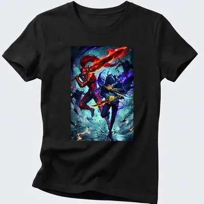 Dynamic illustration of Igris and Sung Jin-Woo in action, featuring bold colors — printed on a women's shirt
