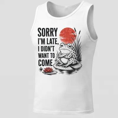 Vintage-style tee featuring a frog on a lily pad with humorous late arrival text. — printed on a tank top