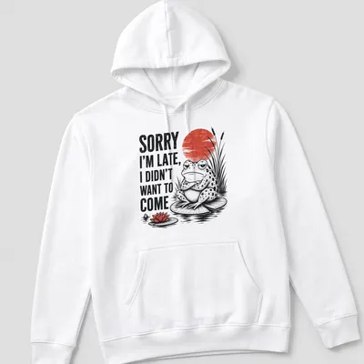 Vintage-style tee featuring a frog on a lily pad with humorous late arrival text. — printed on a unisex hoodie