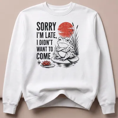 Vintage-style tee featuring a frog on a lily pad with humorous late arrival text. — printed on a unisex sweatshirt