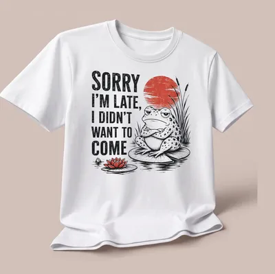 Vintage-style tee featuring a frog on a lily pad with humorous late arrival text. — printed on a unisex t-shirt (angled view)