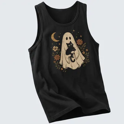 Vintage illustration of a ghost hugging a white cat surrounded by flowers — printed on a tank top