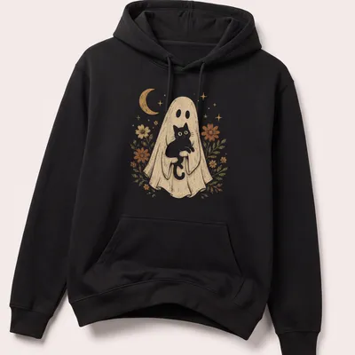 Vintage illustration of a ghost hugging a white cat surrounded by flowers — printed on a unisex hoodie