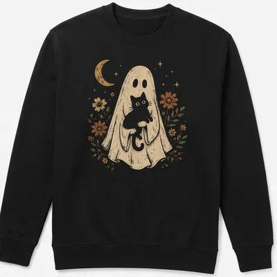 Vintage illustration of a ghost hugging a white cat surrounded by flowers — printed on a unisex sweatshirt