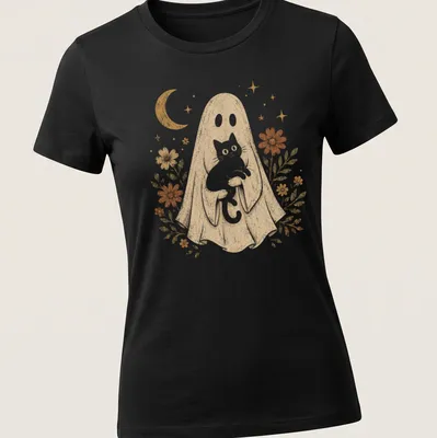 Vintage illustration of a ghost hugging a white cat surrounded by flowers — printed on a women's shirt