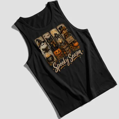 Vintage illustration of a spooky black cat, ghost, and pumpkin with text 'Spooky Season STAY AWHILE' — printed on a tank top