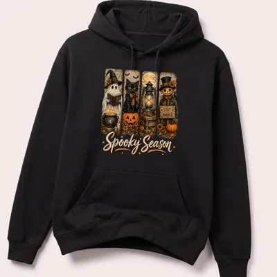 Vintage illustration of a spooky black cat, ghost, and pumpkin with text 'Spooky Season STAY AWHILE' — printed on a unisex hoodie