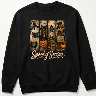 Vintage illustration of a spooky black cat, ghost, and pumpkin with text 'Spooky Season STAY AWHILE' — printed on a unisex sweatshirt