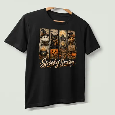 Vintage illustration of a spooky black cat, ghost, and pumpkin with text 'Spooky Season STAY AWHILE' — printed on a unisex t-shirt (angled view)
