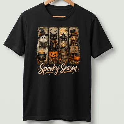 Vintage illustration of a spooky black cat, ghost, and pumpkin with text 'Spooky Season STAY AWHILE'