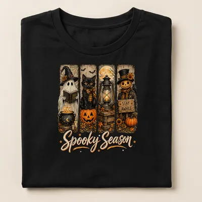 Vintage illustration of a spooky black cat, ghost, and pumpkin with text 'Spooky Season STAY AWHILE' — printed on a women's shirt