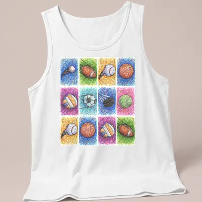 Colorful sketch of various sports balls in blue, green, orange, purple, pink, and yellow — printed on a tank top