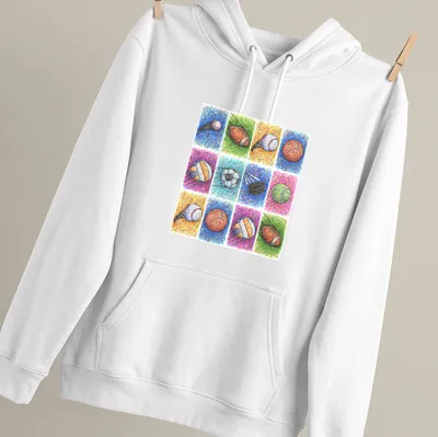 Colorful sketch of various sports balls in blue, green, orange, purple, pink, and yellow — printed on a unisex hoodie