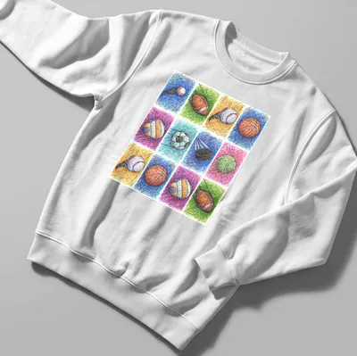 Colorful sketch of various sports balls in blue, green, orange, purple, pink, and yellow — printed on a unisex sweatshirt